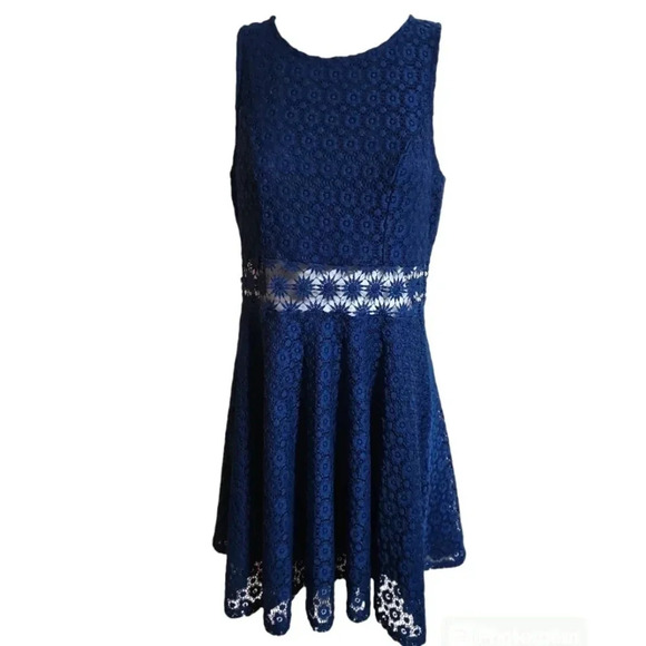 Iris Women’s Large Navy Lace Fit & Flare Dress Floral MOD Cottagecore Y2K Style - Picture 2 of 8